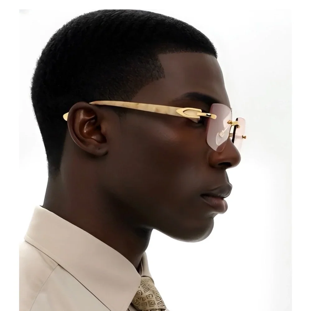 Mens Rimless Rectangle Sunglasses‎ Gold Pink Gradient Lens Marble C-Decor Hinge